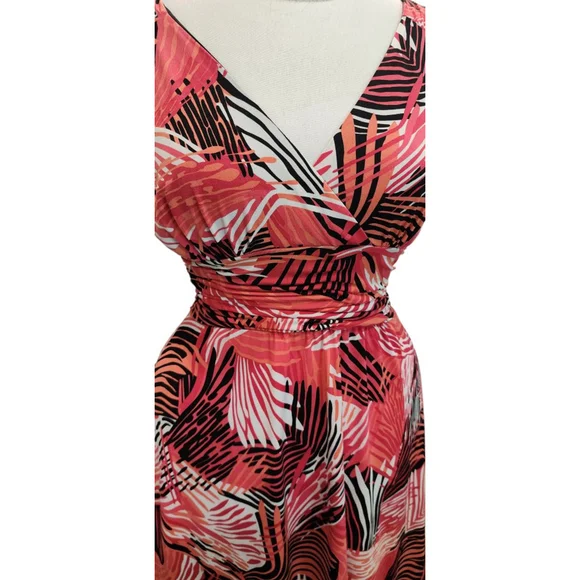 Sandra Darren 14P Petite Tropical Print Wrap Dress Pink Coral V-Neck Flutter - Picture 6 of 12